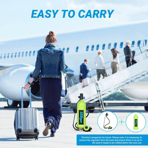 Traveler carrying luggage with One Point Nine Liter Mini Scuba Tank With DOT Certified Pony Bottle Portable Grab And Go Underwater Breathing Kit