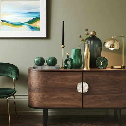 Modern wood sideboard with decorative items in a stylish home interior with art and green accents on a muted wall.