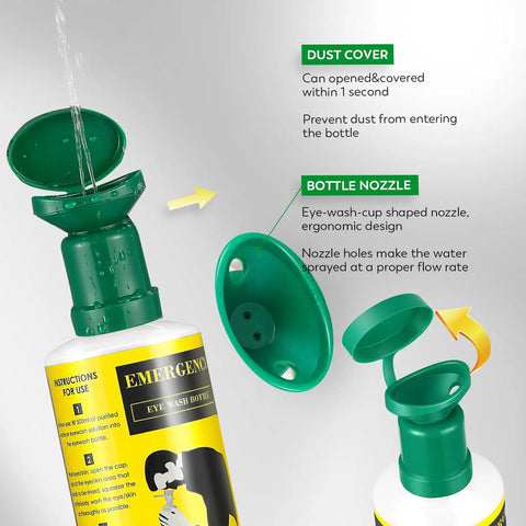 Open dust cover of Portable Eye Wash Station Wall Mounted OSHA Approved Emergency Eye Wash Kit with green cap and bottle nozzle