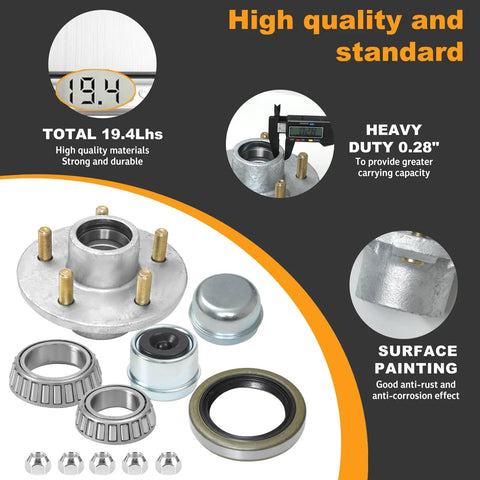 Trailer Hub Kit 5 Bolt 4.5 Inch For 1 To 1.375 Inch Tapered Axles With 84 Spindle Includes L44649 And L68149 Outer Bearings