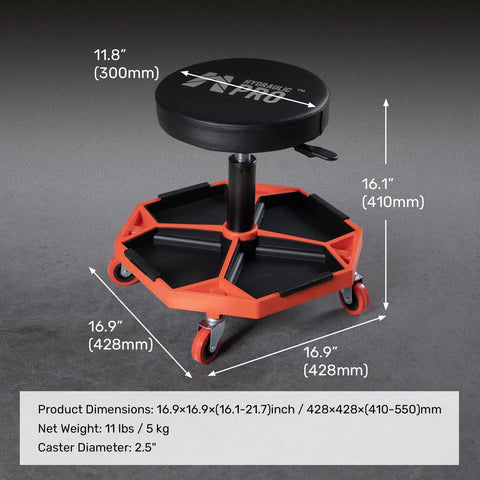 Built Tough Rolling Mechanic Stool With A Hefty 300 Lbs Rating, Adjustable Height Setup For Garage Shop Work, Swivels Slick On Floors, And Comes Loaded With Dual Tool Trays For Easy Access During Any Job