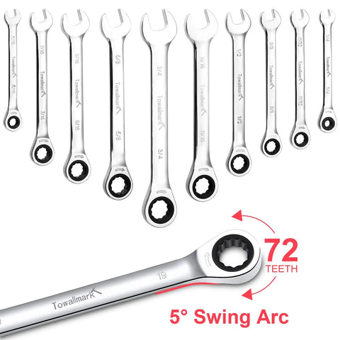 10-piece view of 20-Piece Ratcheting Wrench Set With 180 Degree Flex Head And 72-Tooth Ratchet For SAE 1/4-3/4 Inch And Metric 6-19 Millimeter