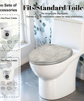 Elongated Concrete polished abstract silver grey grunge Toilet Seat on standard toilet with adjustable hinges and installation guide.