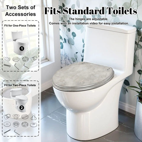 Elongated Concrete polished abstract silver grey grunge Toilet Seat on standard toilet with adjustable hinges and installation guide.