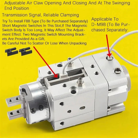 Totally Rock Solid Angular Rotary Actuator Air Gripper Compatible With MRHQ16 Series Pneumatic Cylinder For Heavy Duty Automation Work That Kicks Ass On Busy Workshop Floors All Day Long, showing adjustable air claw and mounting slots.