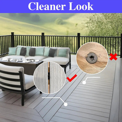 Hidden Deck Fasteners Kit With Stainless Steel Screws And Drill Bits For Composite Decking Pro Grade DIY Friendly Universal Decorative Plate Clamps 100 Piece Set For Clean Neat Flawless Install shown on outdoor deck