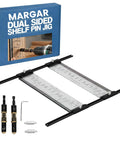 Premium 5MM Shelf Pin Drilling Jig With Adjustable Indexing Guide and Dual Self Centering Bits for dead on alignment on a workspace.