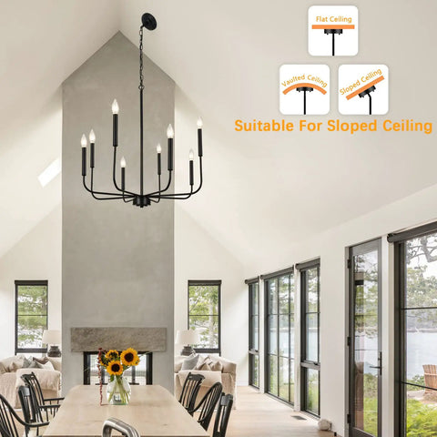 8 Light Black Farmhouse Chandelier Ceiling Light Fixture For Dining Room Modern Industrial Rustic Candle Hanging Lighting For Living Room Kitchen Island Hallway Foyer Dope Look in modern dining room with vaulted ceiling.