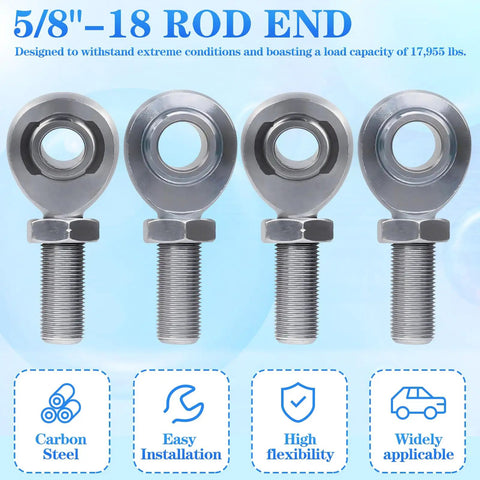 Heavy Duty Five Eighth Inch Heim Joint Rod End Bearing With Jam Nut 4-Pack For Off Road, Rock Crawling And Racing, Chromoly C4130 Steel Construction Delivers Maximum Strength, Durability, And Impact Resistance. 5/8-18 rod end set with jam nut