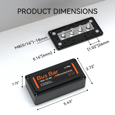 Heavy Duty 300A Bus Bar With Four M8 Studs Power Distribution Block For 48V DC Battery Systems Plug And Play dimensions diagram