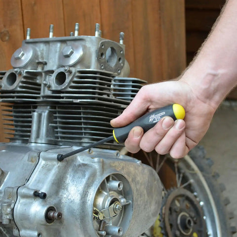 Using Set Of 13 Workhorse Balldriver Screwdrivers With ProGuard Finish on motorcycle engine, non slip grip for wet hands