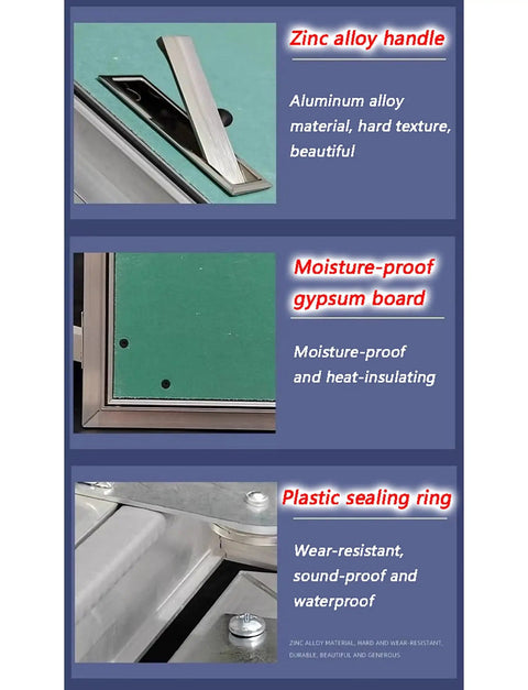 Heavy Duty Fire Rated Hidden Access Door With Paintable Gypsum Panel And Aluminum Frame showing zinc alloy handle, moisture-proof gypsum board, and plastic sealing ring.