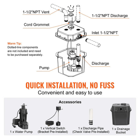 Diagram of Heavy-Duty 1/2 HP 120V Sump Pump for Under-Sink Use, showing accessories and installation components.