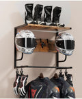 Wall Mounted Motorcycle Helmet Rack With Four Hooks And Glove Clips, holds helmets, gloves, boots, jackets, rustic industrial ironwood style