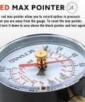 Front view: 2.5-inch dial water pressure test gauge with red max pointer, brass knob, black steel case.