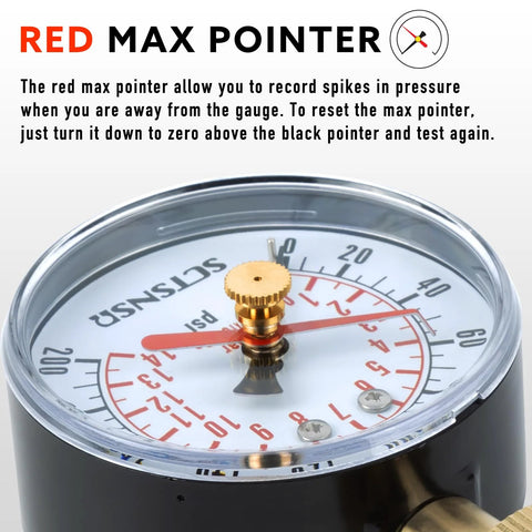 Front view: 2.5-inch dial water pressure test gauge with red max pointer, brass knob, black steel case.