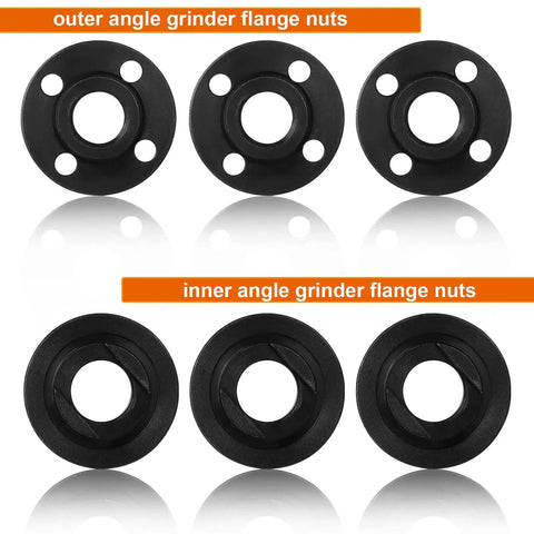 14 Piece Angle Grinder Flange Nuts Set 5/8-11 For 4-1/2 Inch Grinders Includes 6 Inner Nuts, 6 Outer Nuts, And 2 Spanners Pro Grade Replacement Kit For DIYers Home Shop outer and inner angle grinder flange nuts displayed