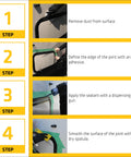 Step-by-step application of Do It All Black Polyurethane Sealant Adhesive, 10.1 Fl Oz, including surface prep, adhesion, and smoothing.