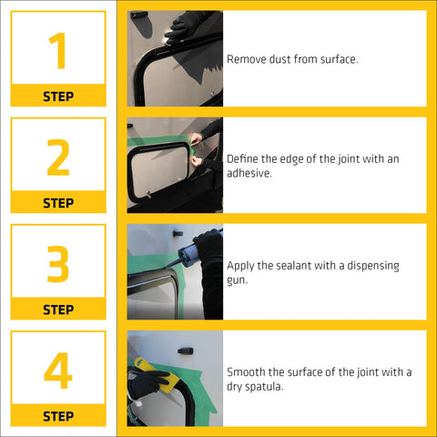 Step-by-step application of Do It All Black Polyurethane Sealant Adhesive, 10.1 Fl Oz, including surface prep, adhesion, and smoothing.