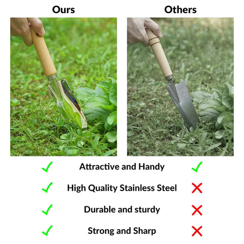 Comparison of heavy duty garden tools with stainless steel hand tools and wooden handles, including benefits and durability differences.
