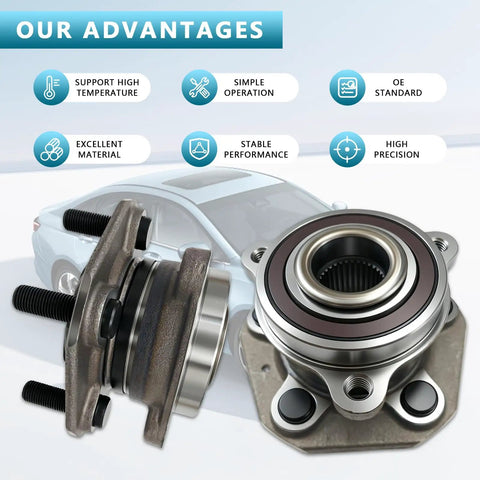 Premium Quality Fresh Pair Of Front Wheel Bearing Hub Assemblies For Tesla Model 3 And Model Y AWD, detailed view with bolts and seals.