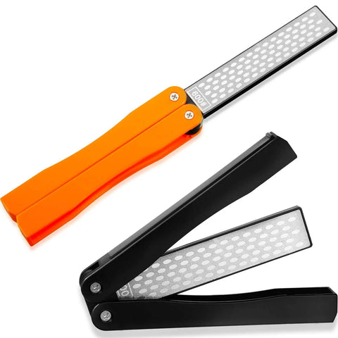 Folding Pocket Diamond Sharpener for Garden Tools and Knives, dual-sided 400 600 grit, orange and black handles, tool closed and open view