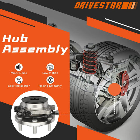 Front Wheel Hub And Bearing Assembly Fits Nissan Frontier Pathfinder Xterra Suzuki Equator 2005 Through 2019 Two Wheel Drive And Rear Wheel Drive Six Lug With ABS Sensor Included, shown with installation diagram and features icons.
