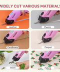 Heavy Duty Cordless Electric Scissors With A Badass 10000 Rpm Blade Assembly And Rechargeable 4v Battery System Built For Zero Sweat Fabric And Leather Trimming Projects cutting leather, plastic, cardboard, carpet, and fabric.