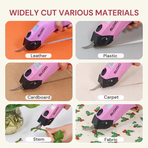 Heavy Duty Cordless Electric Scissors With A Badass 10000 Rpm Blade Assembly And Rechargeable 4v Battery System Built For Zero Sweat Fabric And Leather Trimming Projects cutting leather, plastic, cardboard, carpet, and fabric.