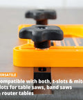 POWERTEC universal tandem featherboard 2-pack; yellow base with black knob mounted on a table saw track