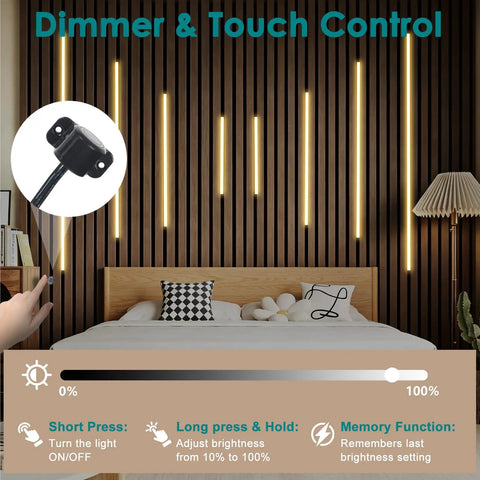 8 Pcs LED Recessed Light Kit Touch Control Dimmable 3000K Warm COB Strip Lighting with dimmer function in a stylish bedroom setting.