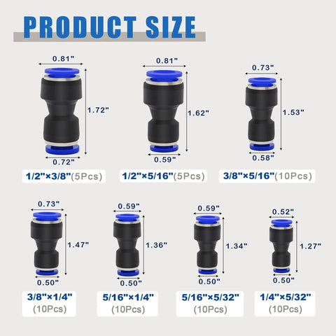 Size chart for 60 Piece Quick Connect Reducer Fitting Kit For Pneumatic Air Lines With 4 mm 6 mm 8 mm 10 mm 12 mm Reducers