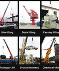 Various lifting operations using cranes at industrial sites and docks, showcasing heavy-duty material handling equipment in action.