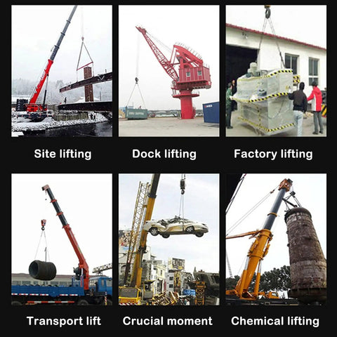 Various lifting operations using cranes at industrial sites and docks, showcasing heavy-duty material handling equipment in action.