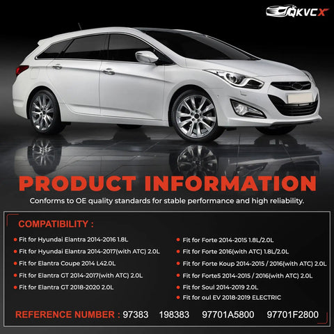 Premium Air Conditioner AC Compressor With Clutch For Hyundai Elantra 2014 2016 And Kia Forte 2014 2016 displayed on a sleek white car.