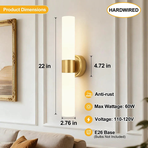 Pretty Darn Sleek Hardwired Wall Sconces Set Of Two With Thick Milky White Glass And Brushed Gold Finish dimensions on wall.