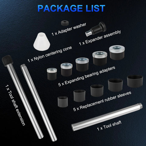 Package components of Universal Cam Bearing Installation And Removal Tool Kit with 1-1/8 to 2-2/3 Inch Adapters shown