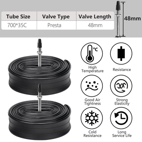 Two Pack 700x35C Foldable Road Bike Tires with Inner Tubes, Presta Valve 48mm, High Temperature and Resistance Features
