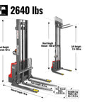 Top Rated MechMaxx 2640 Lb Lithium Ion Electric Straddle Stacker With 138 Inch Lift Height, showing detailed dimensions and lifting capabilities.
