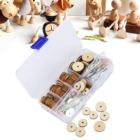 50 Set Doll Joints And Cotter Pins Skeleton Movable Joints For Teddy Bear Making Supplies in storage box with wooden dolls.