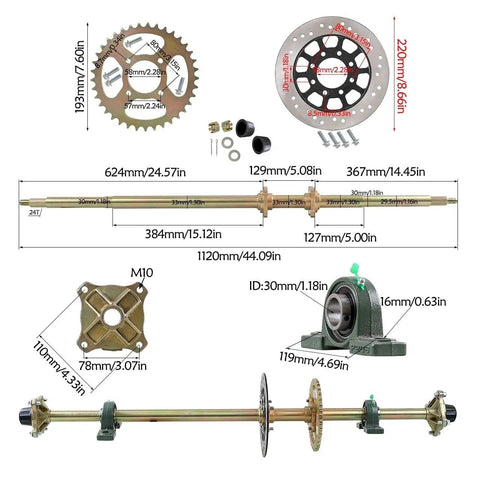 44 Inch Go Kart Rear Live Axle Kit With Shaft Sprocket Hubs Brake Master Cylinder And Nineteen By Seven By Eight Tires For Do It Yourself Go Karts ATVs Quads Buggy Golf Carts And Off Road Vehicle Projects, showing parts dimensions and assembly layout