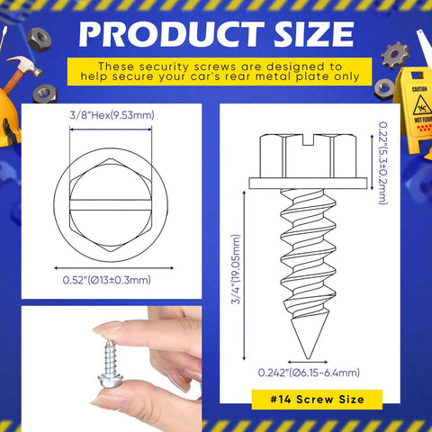 Diagram of 100 Pack Car License Plate Screws 14 by Three Quarter Inch Slotted Hex Head Mounting Screws with measurements.