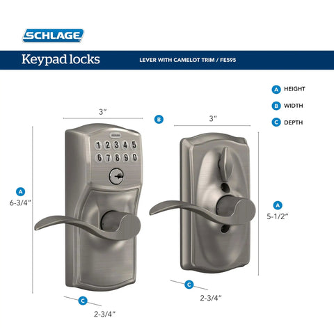 Side view of keyless entry door lock with lever handle in satin nickel finish, electronic keypad, showing dimensions.
