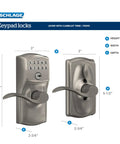 Camelot Keypad Lock With Knob For Keyless Entry, Fast Keyless Access, Flex Lock Auto Lock, Satin Nickel Finish, dimensions listed