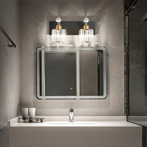 2 Crystal Vanity Light In Black And Gold Modern Over Mirror Wall Fixture With Crystal Shades Sleek And Lit Bathroom Lighting