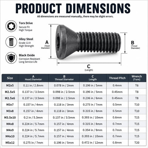 Product dimensions chart for 100 Pieces Carbide Insert Screws Set For CNC Lathe And Milling Tools Torx Screws M2 To M5, Grade 12.9 Alloy Steel
