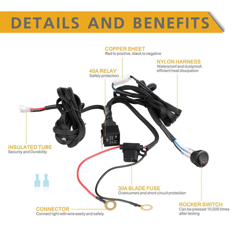 Heavy Duty 12V Wiring Harness Kit With Nylon Construction And Rocker Switch For Led Light Bar Fog Lights Driving Lights