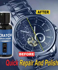 Advanced Scratch Repair Cream For Glass Phone Screens And Other Devices 30G Repair Set To Fix Scratches Fast, showing watch and cream bottle.
