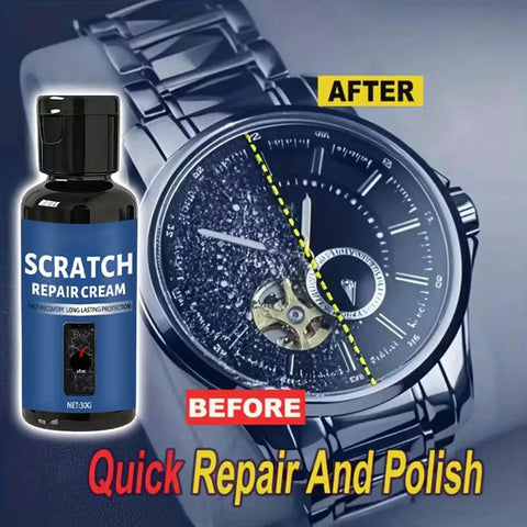 Advanced Scratch Repair Cream For Glass Phone Screens And Other Devices 30G Repair Set To Fix Scratches Fast, showing watch and cream bottle.