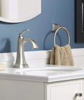 Ridgeport Single Control Lav Faucet With Brushed Nickel Finish on white sink, modern bathroom aesthetic